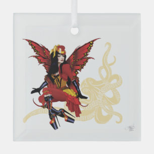 Elegant Red Victorian Steampunk Fairy Octopus Glass Tree Decoration