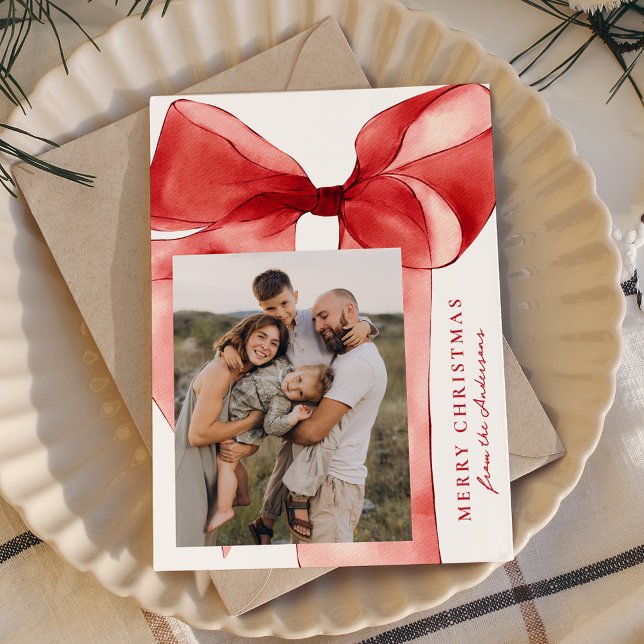 Elegant Red Watercolor Bow 3 Photo Holiday Card (Creator Uploaded)