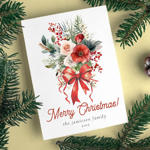 Elegant Red Watercolor Bow and Bouquet Christmas Holiday Card