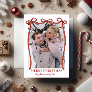 Elegant Red Watercolor Bow Merry Christmas Photo Holiday Card