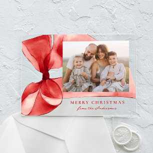 Elegant Red Watercolor Bow Photo Holiday Card Acrylic Invitations