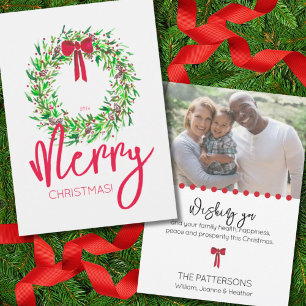 Elegant Red Watercolor Christmas Wreath One Photo Holiday Card