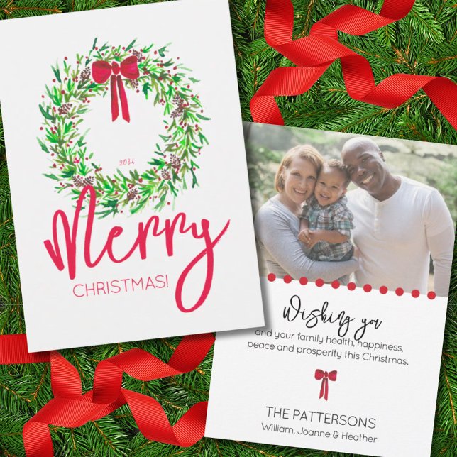 Elegant Red Watercolor Christmas Wreath One Photo Holiday Card (Elegant Red Watercolor Christmas Wreath One Photo Holiday Card)