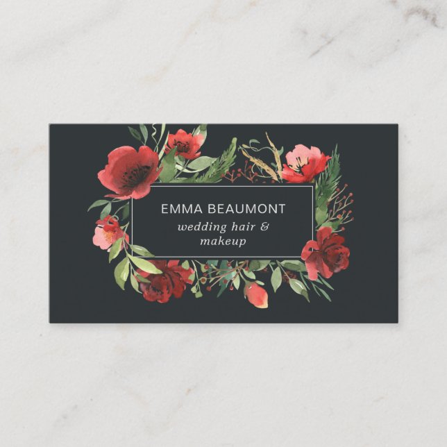 Elegant Red Watercolor Floral Bloom Greenery Business Card (Front)