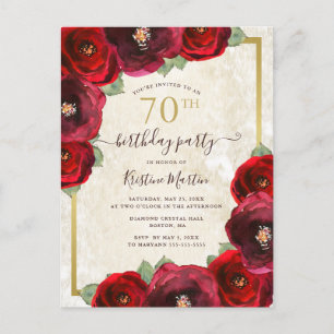 Elegant Red Watercolor Floral Gold 70th Birthday Invitation Postcard
