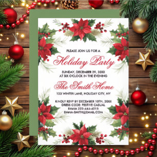 Elegant red watercolor Poinsettia holiday Party Invitation