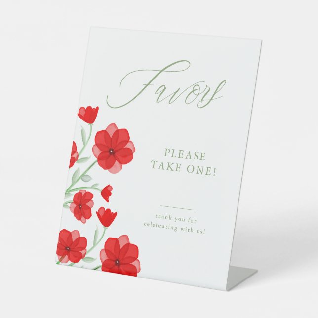 Elegant Red Watercolor Poppy Floral Favours  Pedestal Sign (Front)
