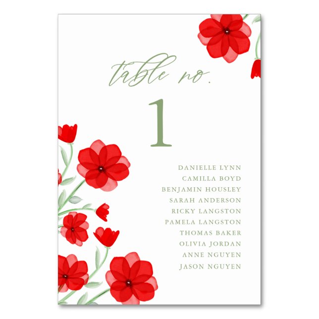 Elegant Red Watercolor Poppy Floral Table Number (Front)