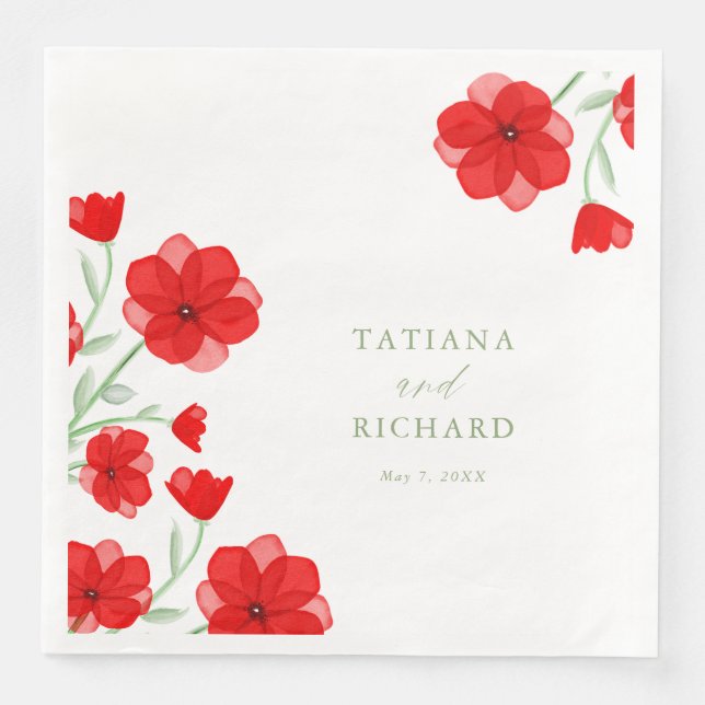 Elegant Red Watercolor Poppy Floral Wedding Napkin (Front)