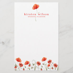 Elegant Red Watercolor Poppy Flowers Personalised Stationery