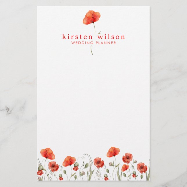 Elegant Red Watercolor Poppy Flowers Personalised Stationery (Front)