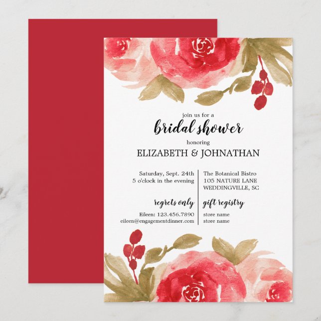Elegant Red Watercolor Rose Bridal Shower Invitation (Front/Back)