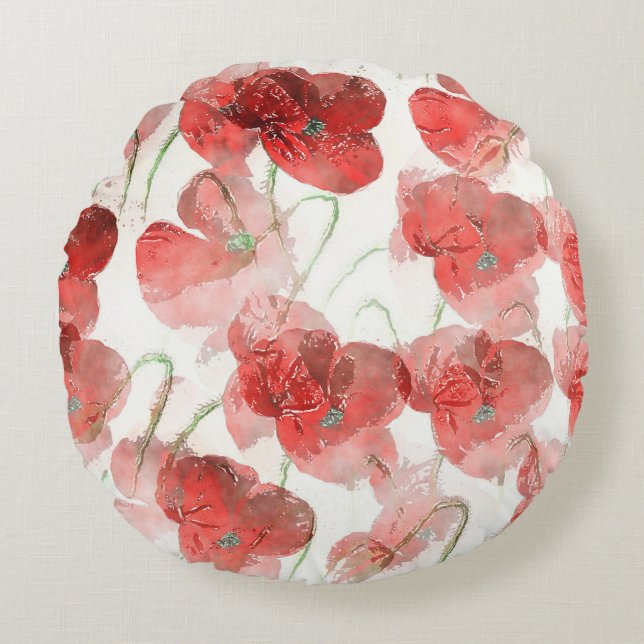Elegant Red Watercolour Poppies Illustration Round Cushion (Front)
