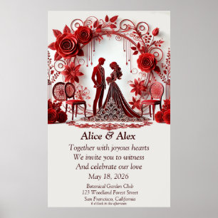 Elegant Red Wedding Illustration With Floral Desig Poster