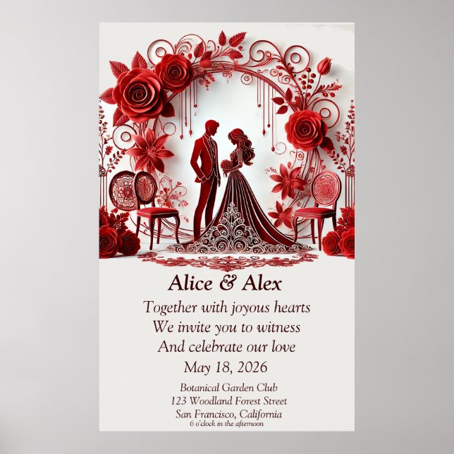 Elegant Red Wedding Illustration With Floral Desig Poster (Front)