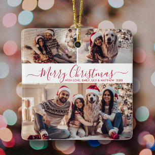 Elegant Red White 3 Photo Collage Christmas Ceramic Ornament