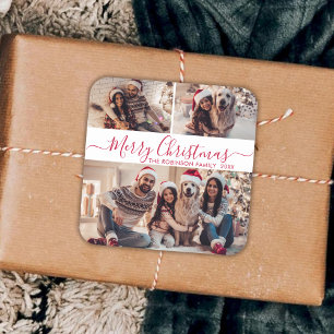 Elegant Red White 3 Photo Collage Christmas  Square Sticker