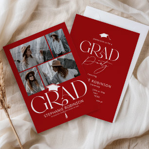 Elegant Red & White 4 Photo Graduation Party Invitation