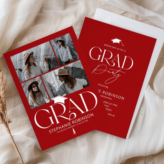 Elegant Red & White 4 Photo Graduation Party Invitation (Creator Uploaded)