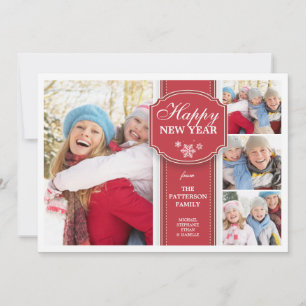 Elegant Red & White 4 Photo New Year Photocard Holiday Card