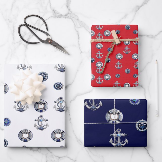 Elegant Red White and Blue Nautical Themed  Wrapping Paper Sheet (Front)