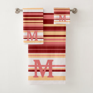 Elegant red white and pink stripes monogram bath towel set