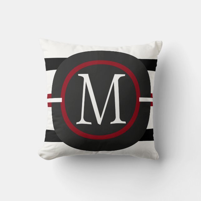 Elegant Red, White & Black Lines With Monogram Cushion (Front)