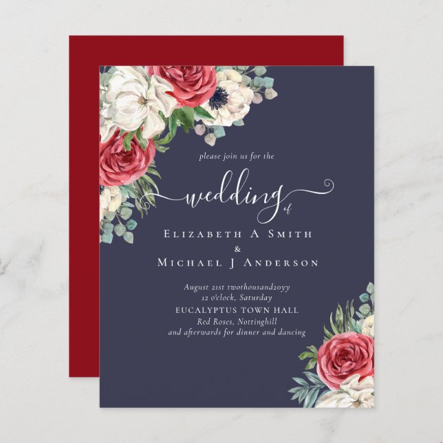 Elegant Red White Blue Floral Wedding Budget (Front/Back)