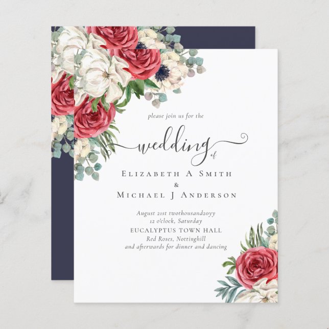 Elegant Red White Blue Floral Wedding Budget (Front/Back)