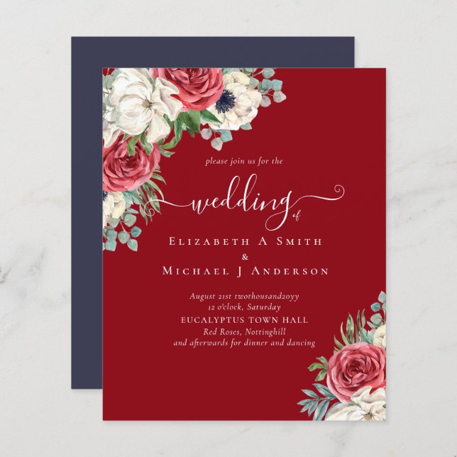 Elegant Red White Blue Floral Wedding Budget (Front/Back)