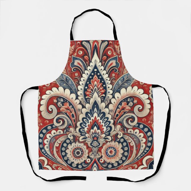 Elegant Red, White & Blue Paisley Floral Pattern Apron (Front)