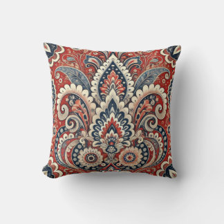 Elegant Red, White & Blue Paisley Floral Pattern Cushion