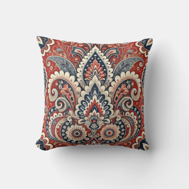 Elegant Red, White & Blue Paisley Floral Pattern Cushion (Front)