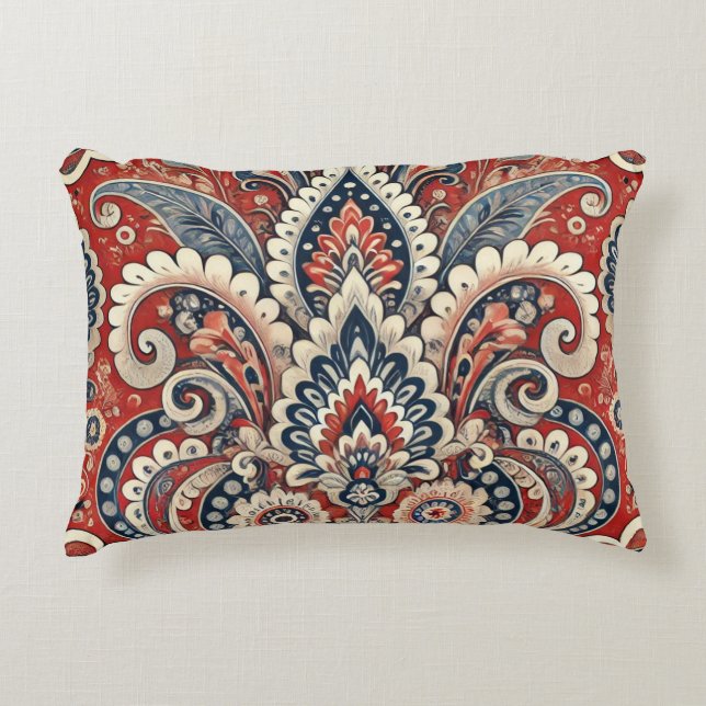 Elegant Red, White & Blue Paisley Floral Pattern Decorative Cushion (Front)
