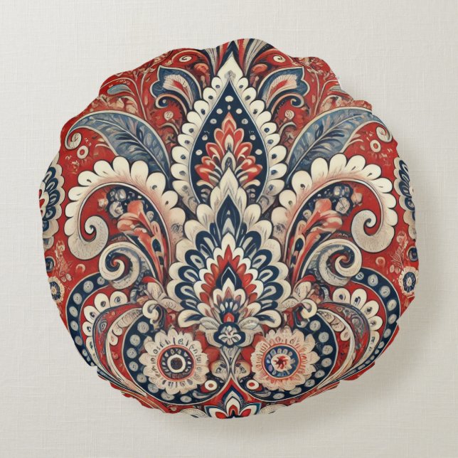 Elegant Red, White & Blue Paisley Floral Pattern Round Cushion (Back)