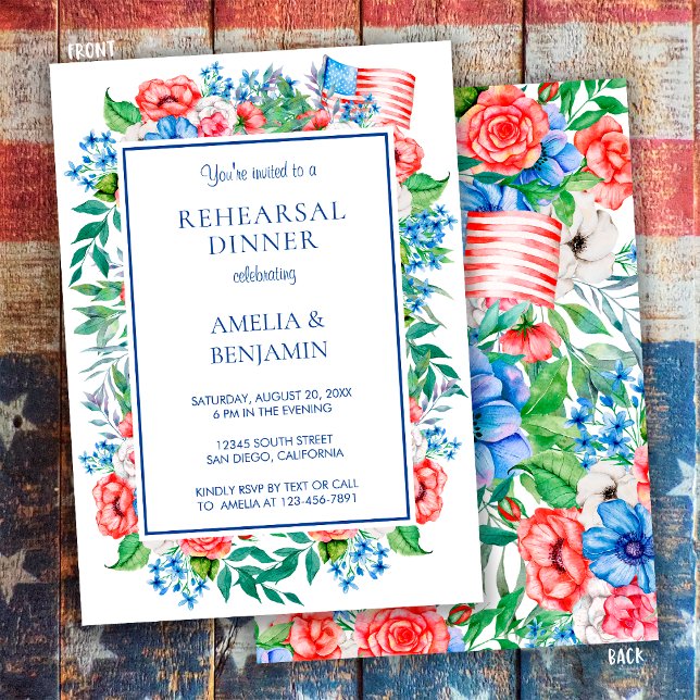 Elegant Red White Blue Wedding Rehearsal Dinner Invitation (Creator Uploaded)