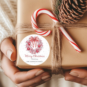 Elegant Red white Christmas Wreath  Classic Round Sticker