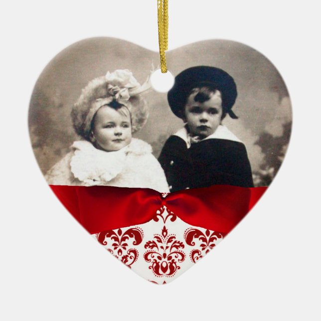 ELEGANT RED WHITE DAMASK RIBBON PHOTO TEMPLATE CERAMIC TREE DECORATION (Front)