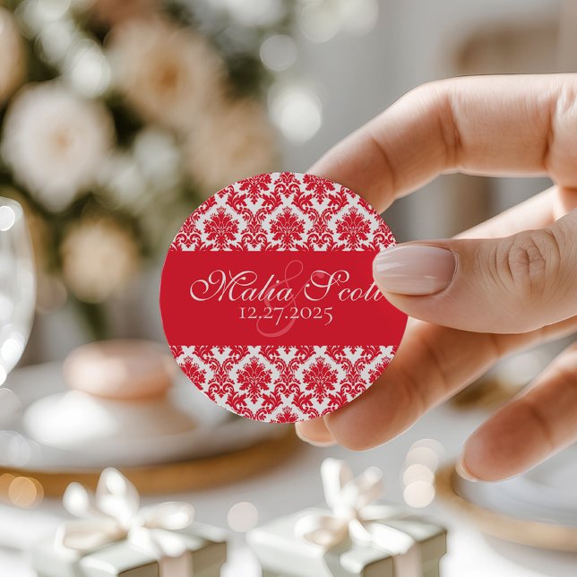 Elegant Red White Damask Wedding Favour Classic Round Sticker (Creator Uploaded)