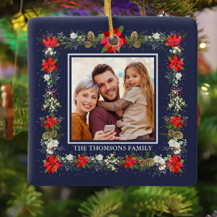 Elegant Red White Flora Holiday Wreath Photo  Ceramic Ornament