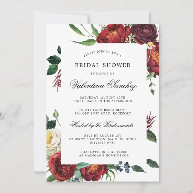 Elegant Red White Floral Bridal Shower  Invitation (Front)