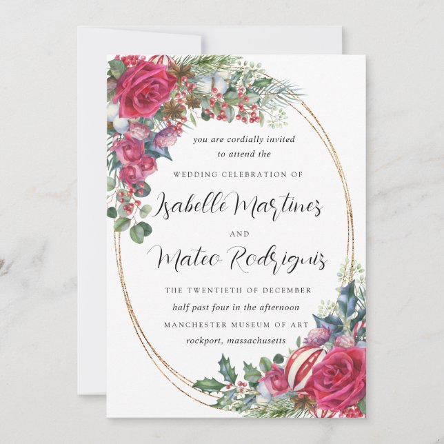 Elegant Red White Floral Christmas Wedding Invitat Invitation (Front)