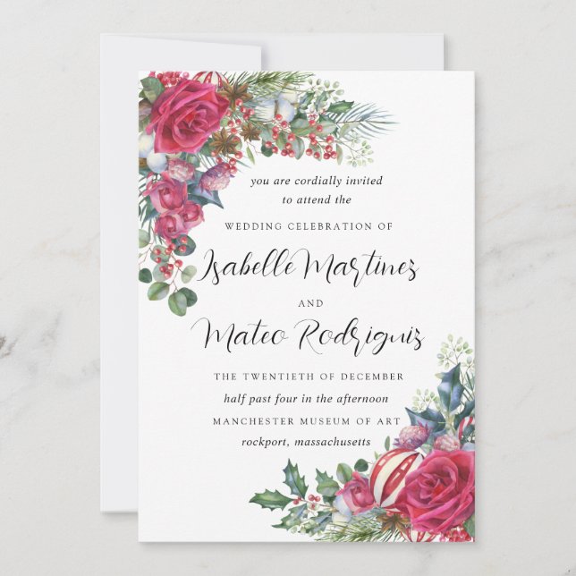 Elegant Red White Floral Christmas Wedding Invitat Invitation (Front)