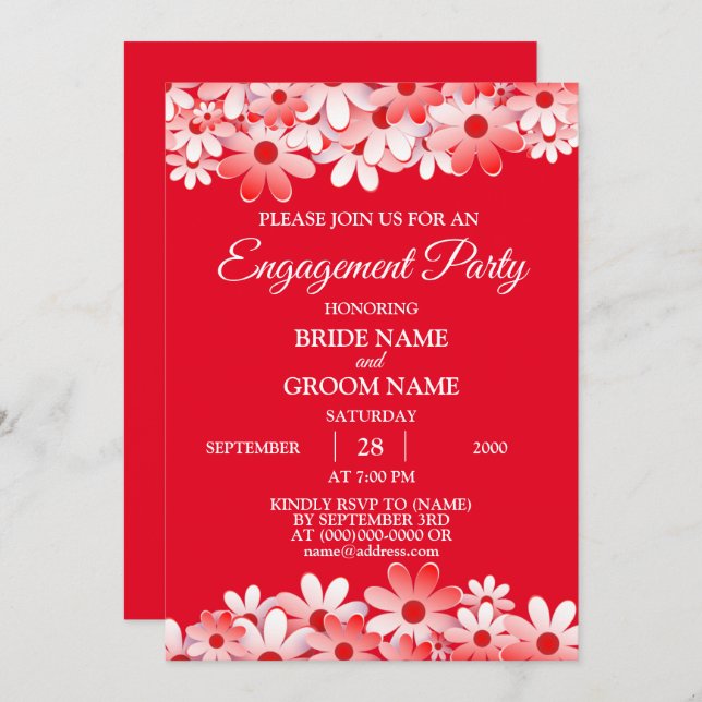 Elegant Red White Floral Engagement Party Invitation (Front/Back)