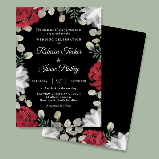 Elegant Red White Floral Greenery on Black Wedding Invitation (Creator Uploaded)