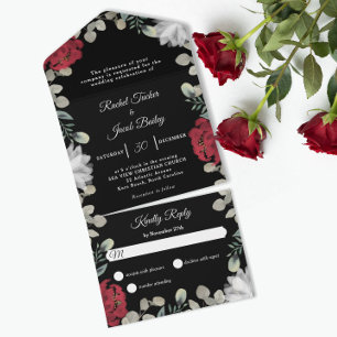 Elegant Red White Floral Greenery Wedding All In One Invitation