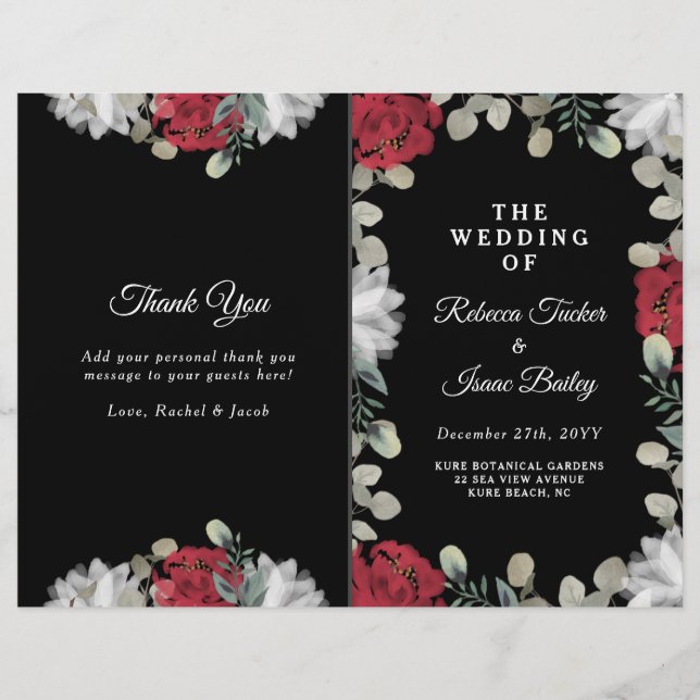 Elegant Red White Floral Greenery Wedding Program (Front)