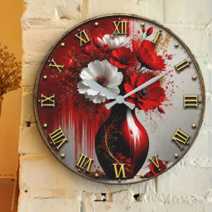 Elegant Red & White Floral Luxury Modern Vase Art Large Clock