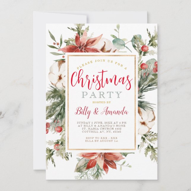 Elegant Red White Floral Mistletoe Christmas Party Invitation (Front)