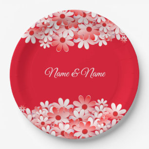 Elegant Red White Floral Name Party Paper Plate